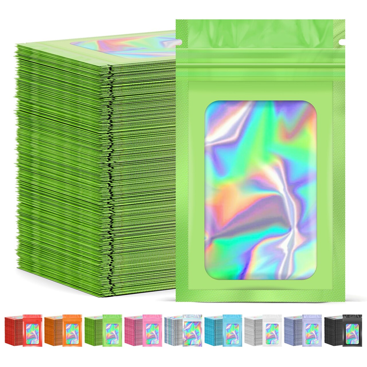 300 Pcs Mylar Bags, Smell Proof Bags Foil Pouch, Holographic Resealable Bags for Small Business, Candy Sample Jewelry Bag Sealable Packaging for Party Favor Food Storage (2.4x3.9in-Green)